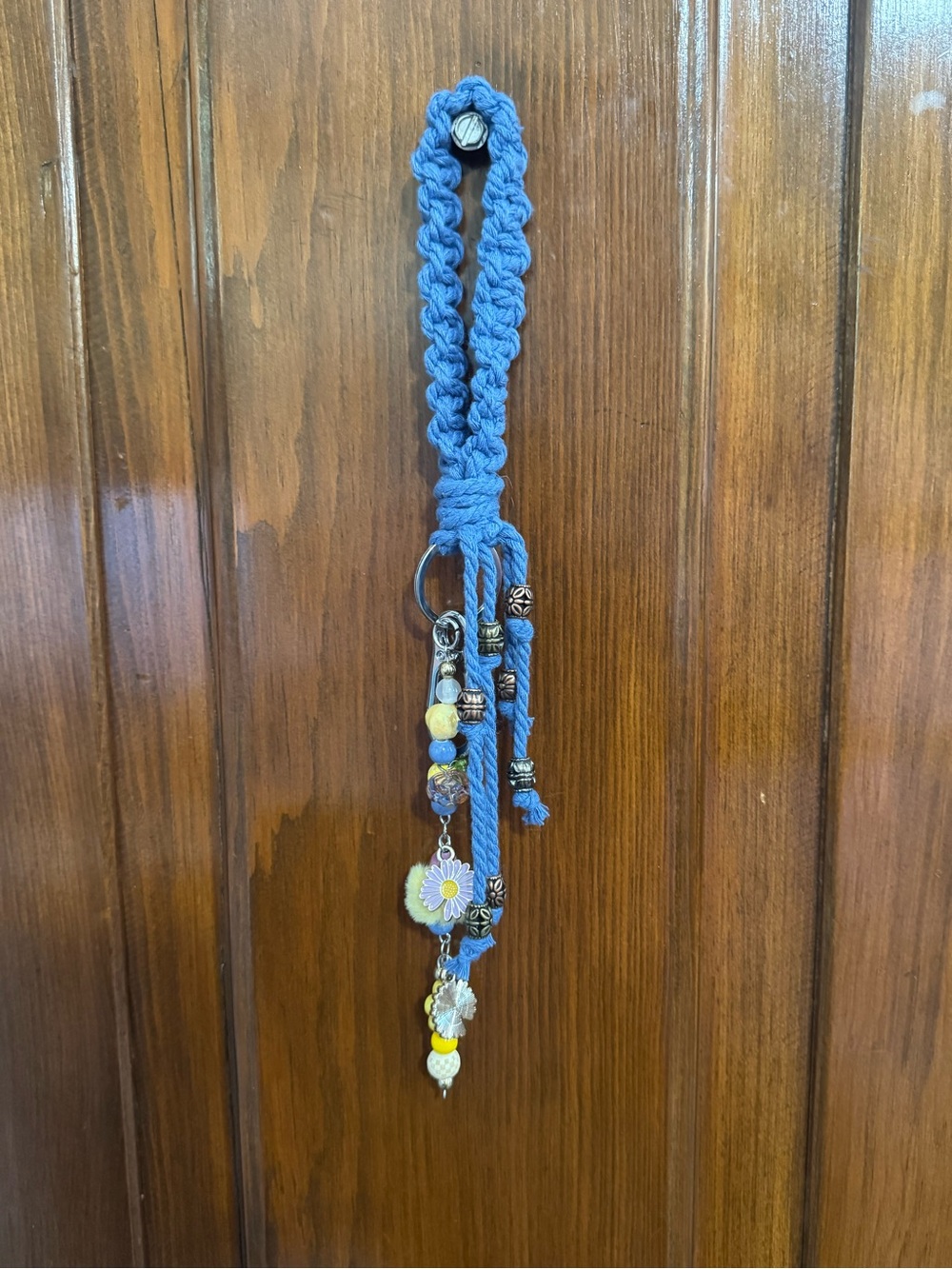 Blue Macrame Wristlet Bag Charm Keychain with Boho Floral Beading - Picture 4 of 4